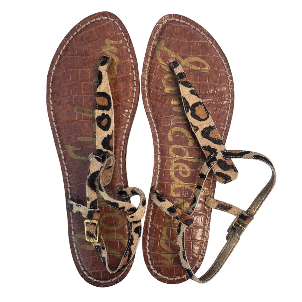 Sam Edelman Gigi Leopard Calf Hair Croc Embossed Leather T-Strap Sandals Brown